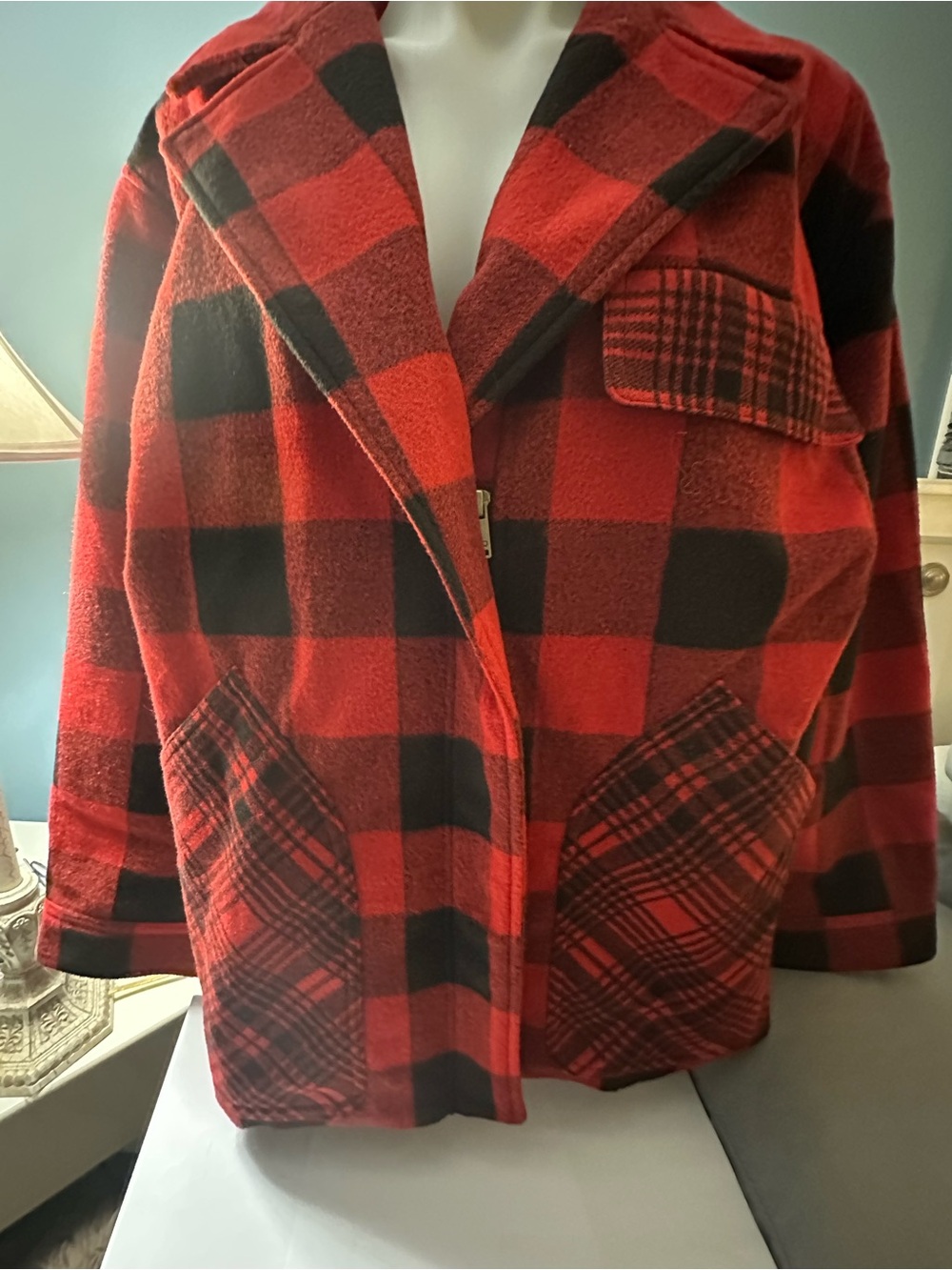 Woolrich Red and Black Buffalo Plaid Wool Pea Coat - Picture 2 of 9